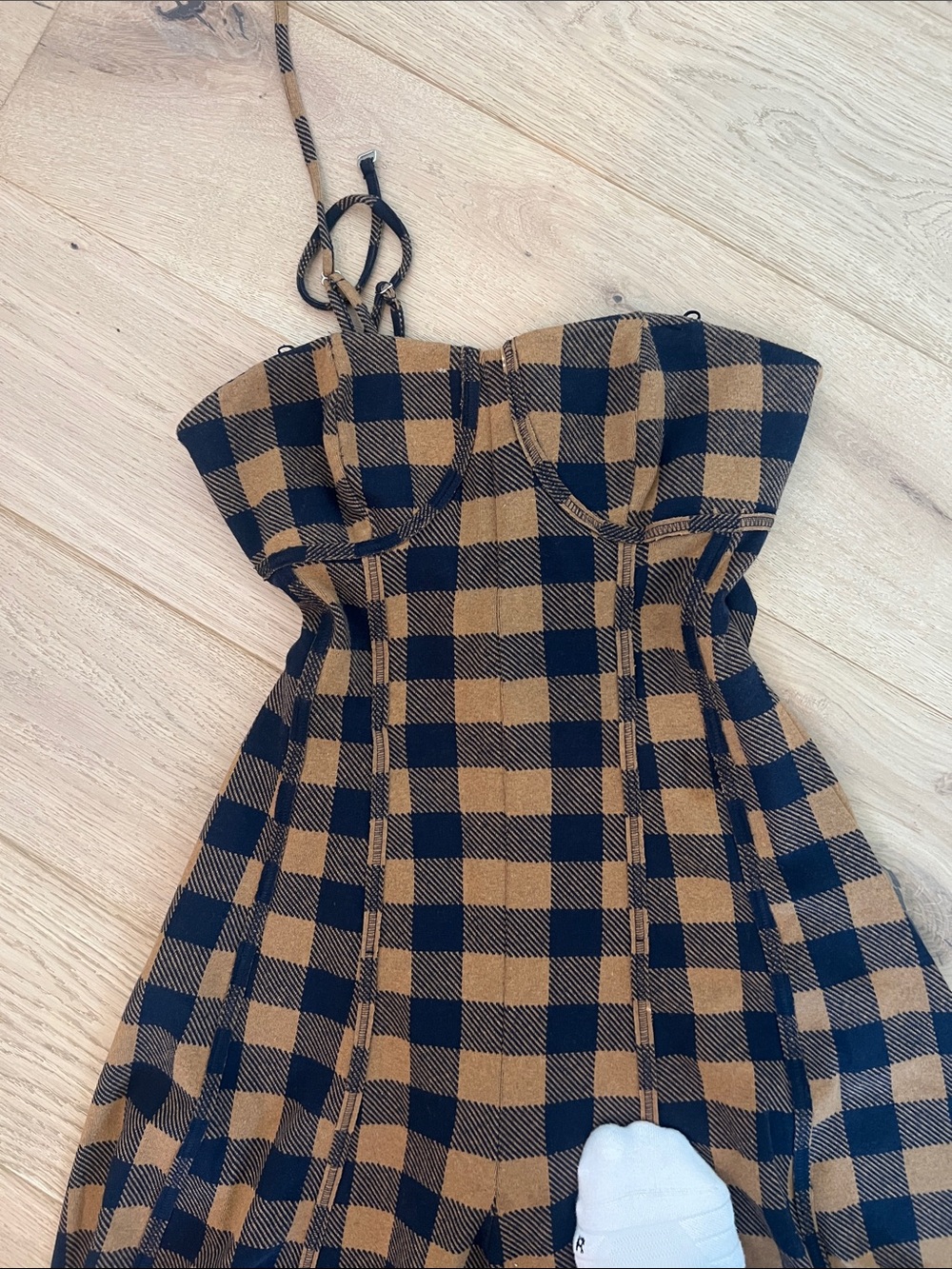 Strapless Wide-Leg Jumpsuit in Black and Tan Plaid - Picture 2 of 4